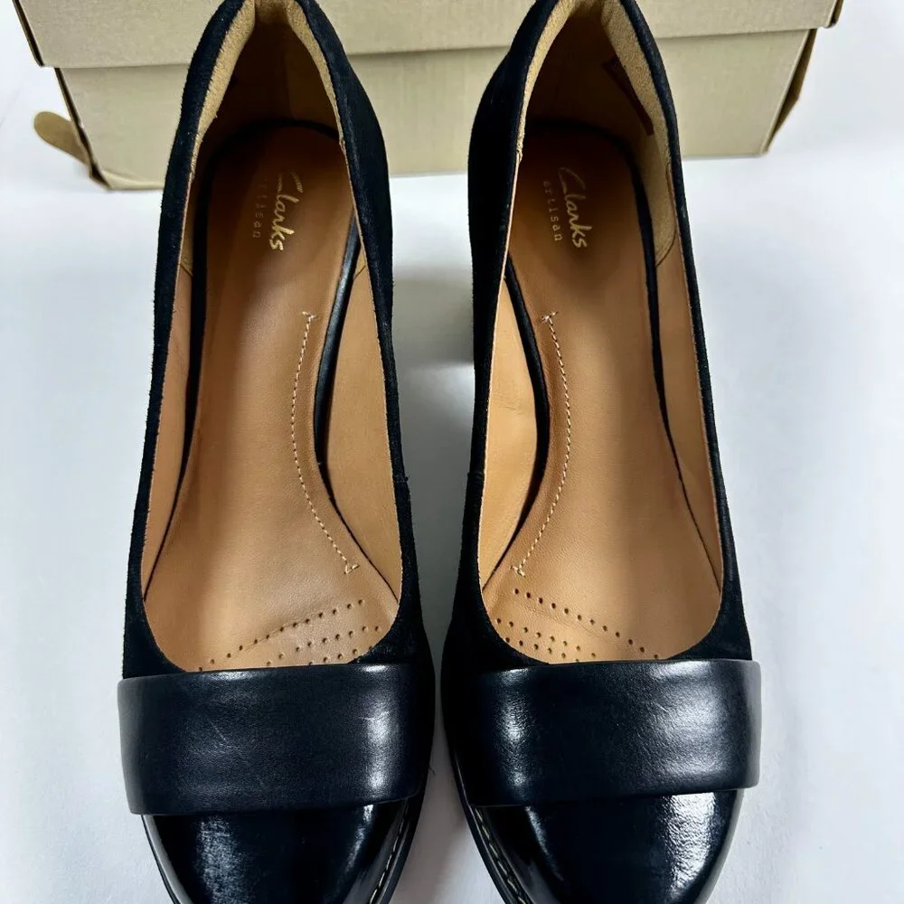 Clarks Artisan Tarah Brae Black Suede Patent Leather Pumps Women’s Size 6.5M - Picture 10 of 16